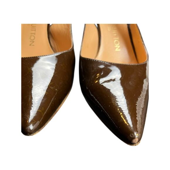 Louis Vuitton Brown Patent Leather Slingback Heels Pumps SZ 38 Italy W/Dustbag - Picture 6 of 13